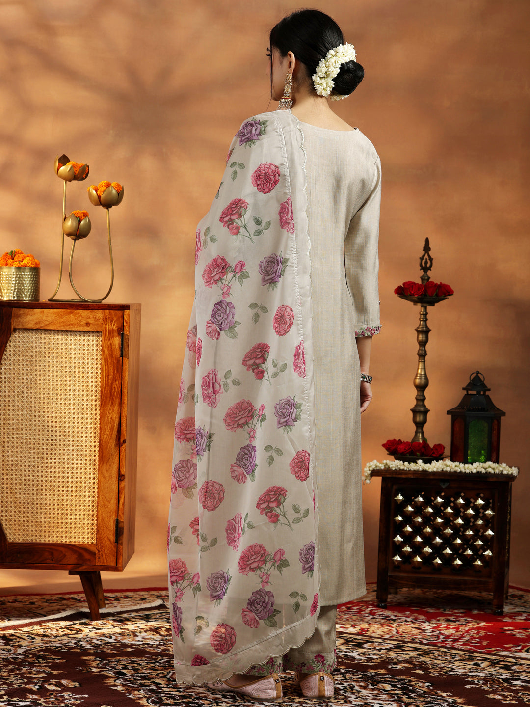 Beige Yoke Design Silk Blend Straight Suit With Dupatta