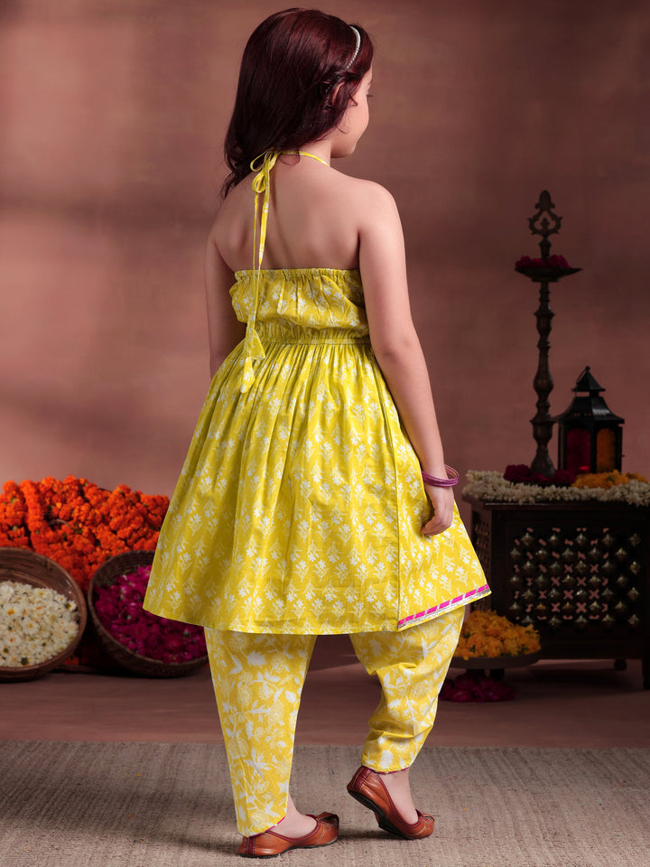 Kids Lime Green Printed Cotton A-Line Kurti With Salwar