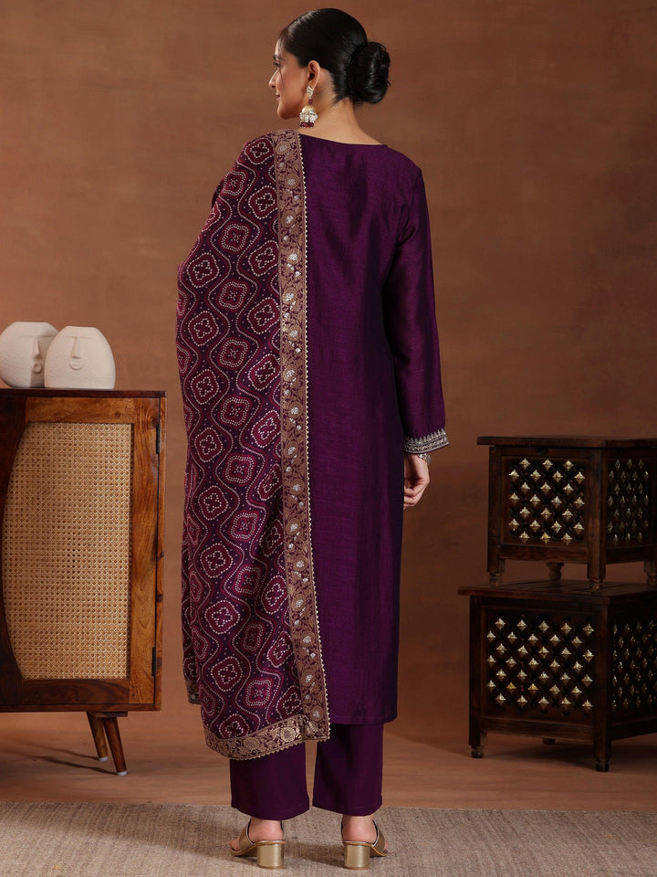 Wine Embroidered Silk Blend Straight Suit With Dupatta
