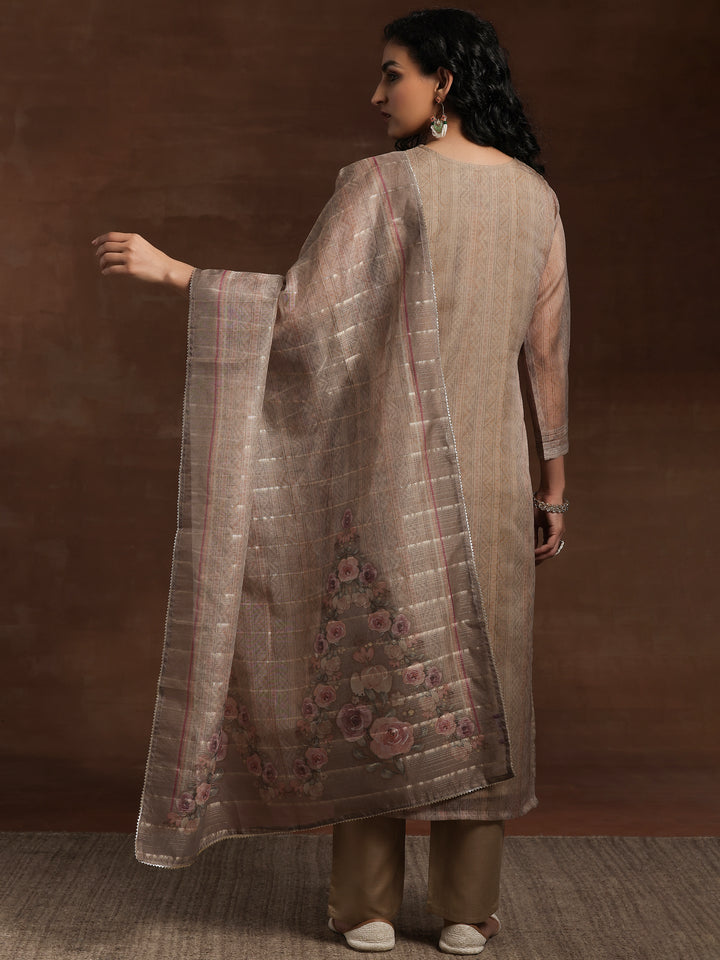 Tan Printed Organza Straight Suit With Dupatta