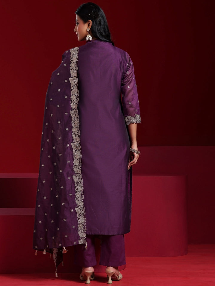 Libas Art Wine Embroidered Chanderi Silk Straight Suit With Dupatta