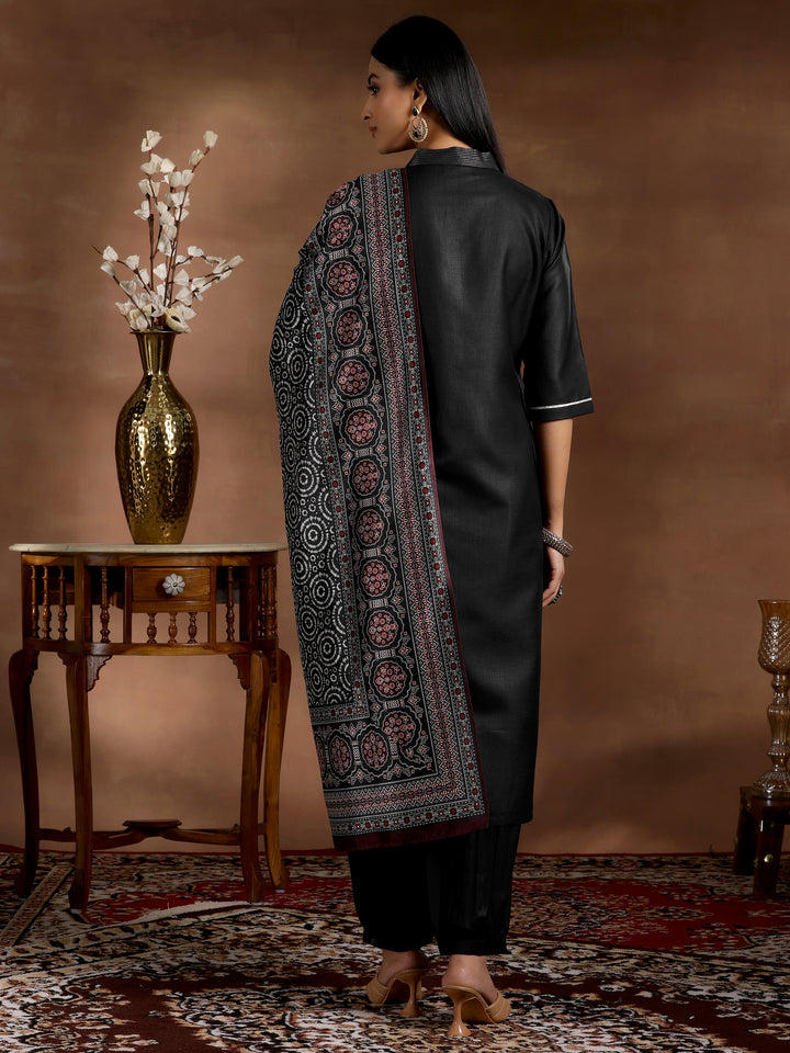 Black Solid Cotton Blend Straight Suit With Dupatta