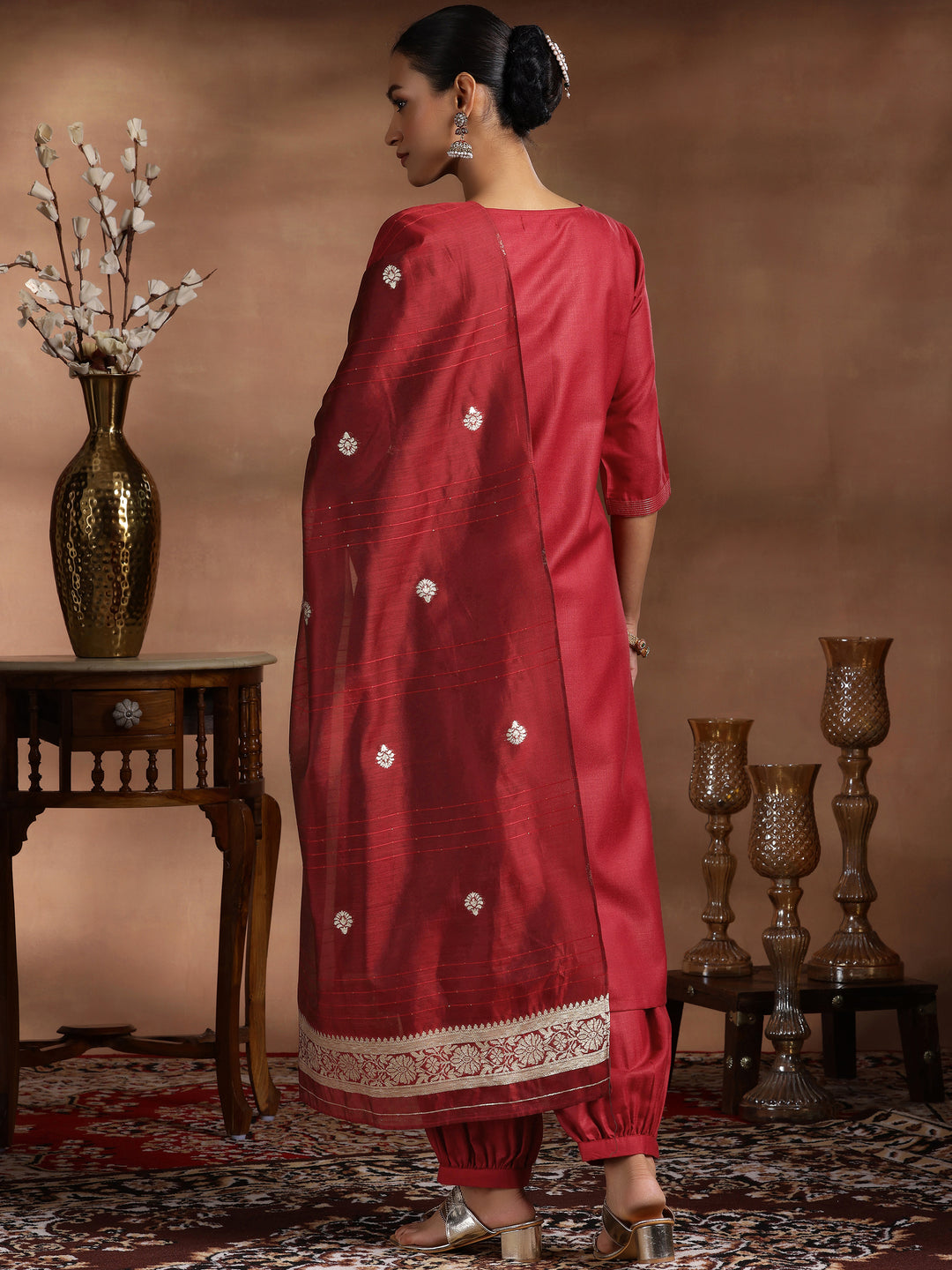 Maroon Solid Cotton Blend Straight Suit With Dupatta