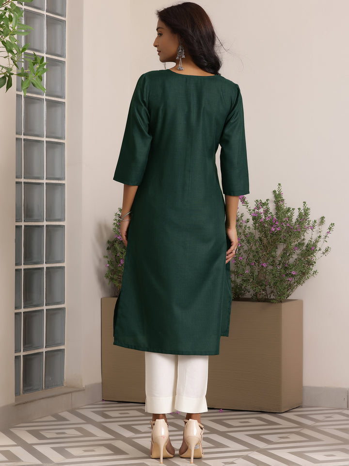 Green Solid Cotton Blend Straight Kurta