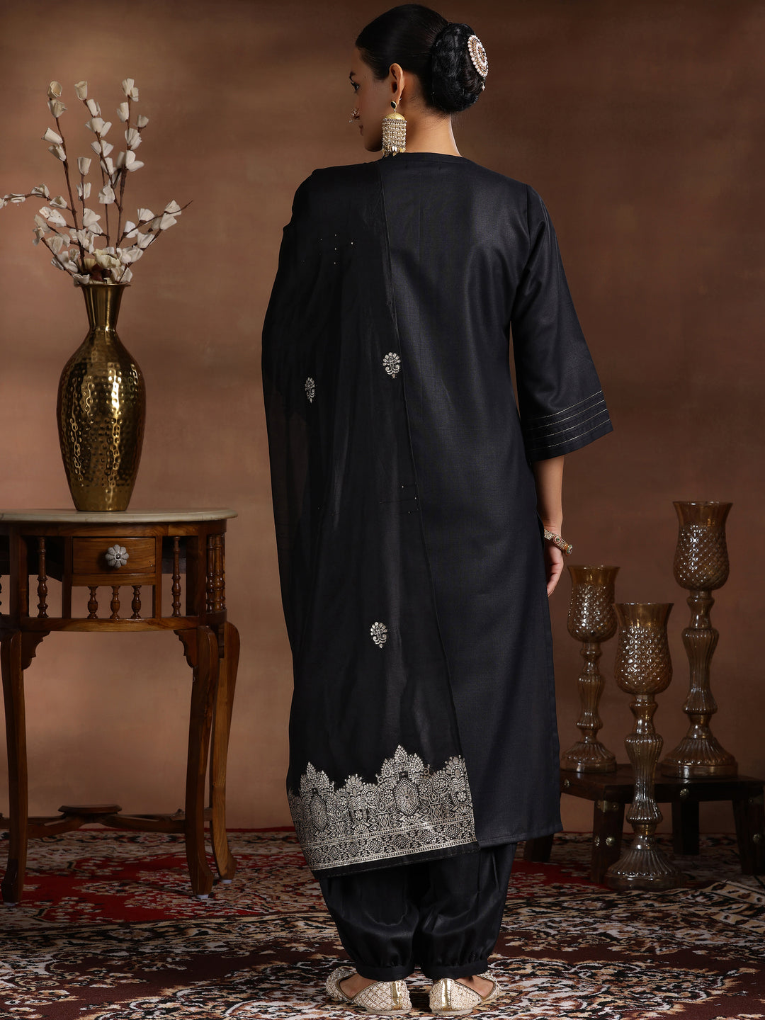 Black Solid Cotton Blend Straight Suit With Dupatta