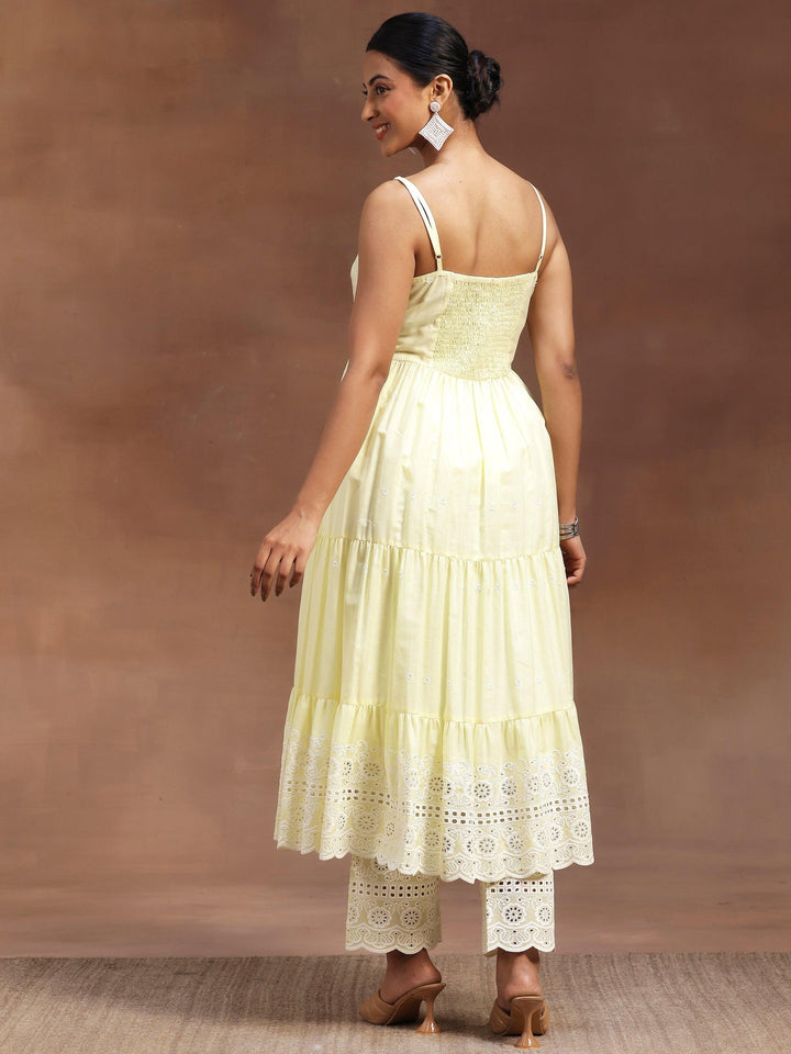The Kiara Cut Yellow Self Design Cotton Anarkali Kurta With Trousers