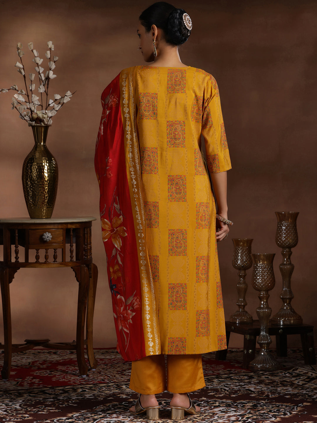 Mustard Printed Silk Blend Straight Suit With Dupatta