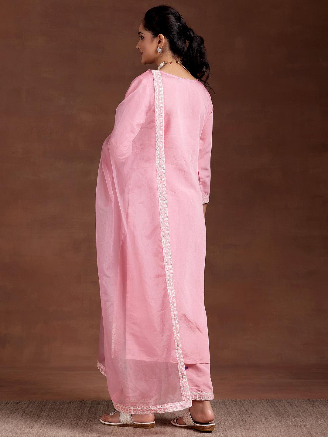 Pink Embroidered Silk Blend Straight Suit With Dupatta