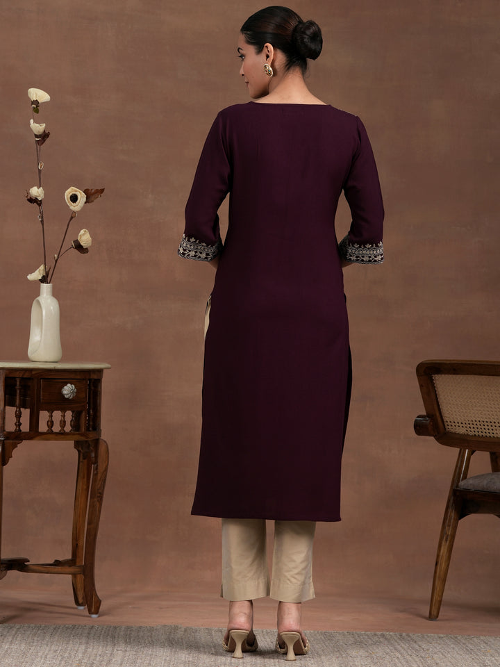 Wine Embroidered Rayon Straight Kurta