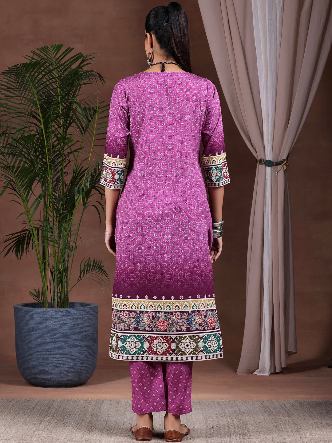 Wine Printed Poly Crepe Straight Kurta Set