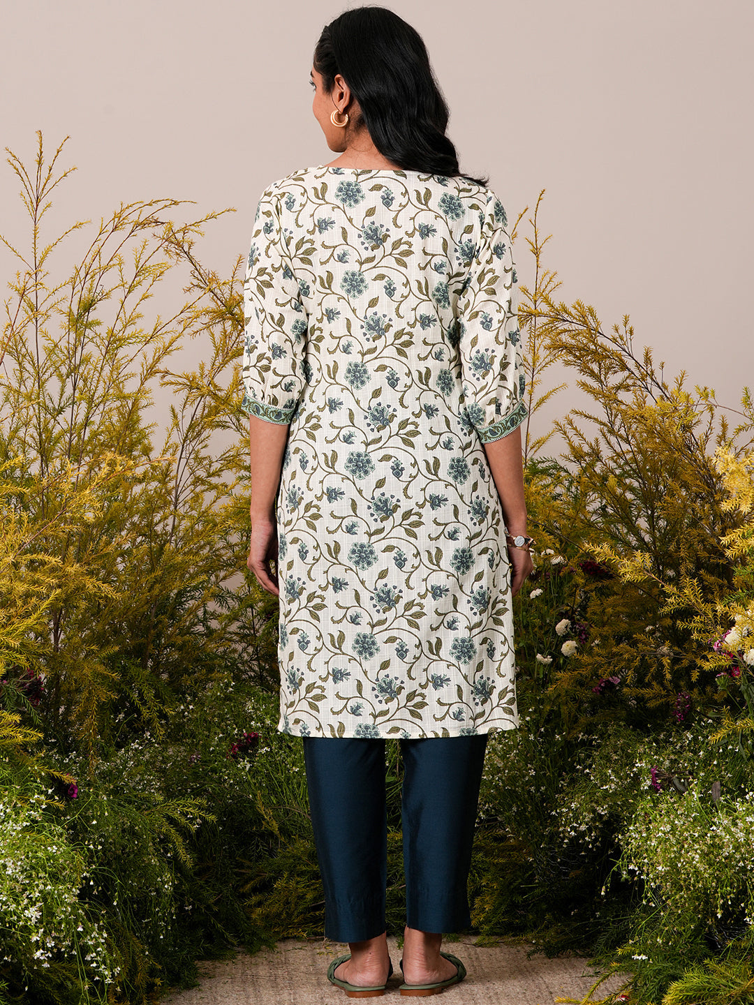 Beige Printed Cotton Straight Kurta