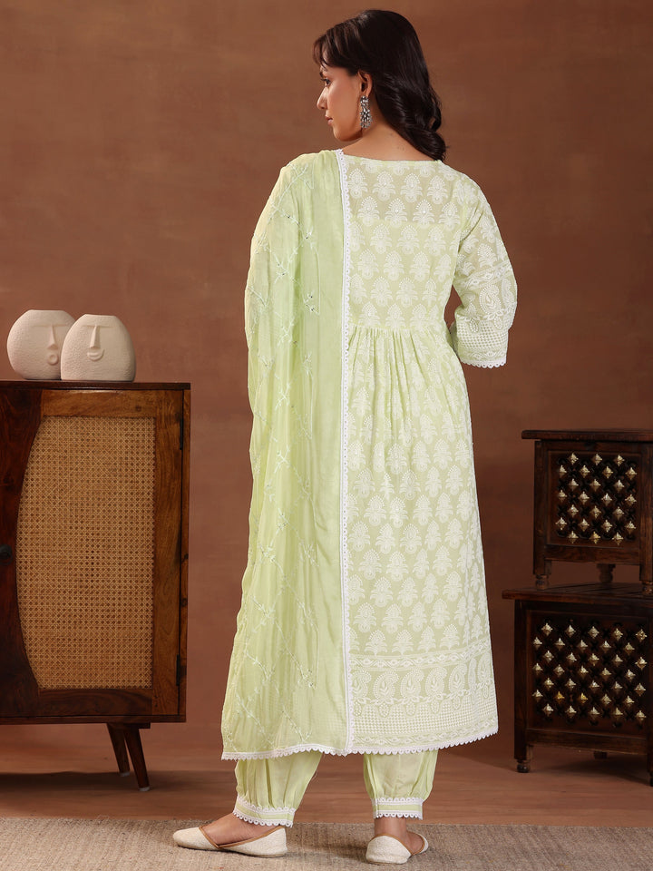 Green Embroidered Pure Cotton A-Line Kurta With Salwar & Dupatta