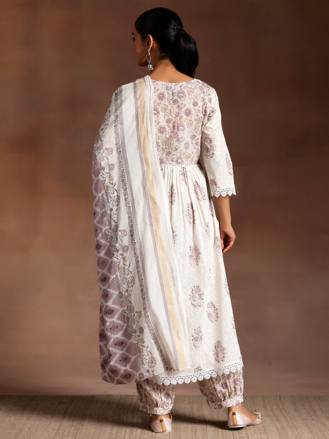 Saundarya White Printed Cotton A-Line Kurta With Salwar & Dupatta