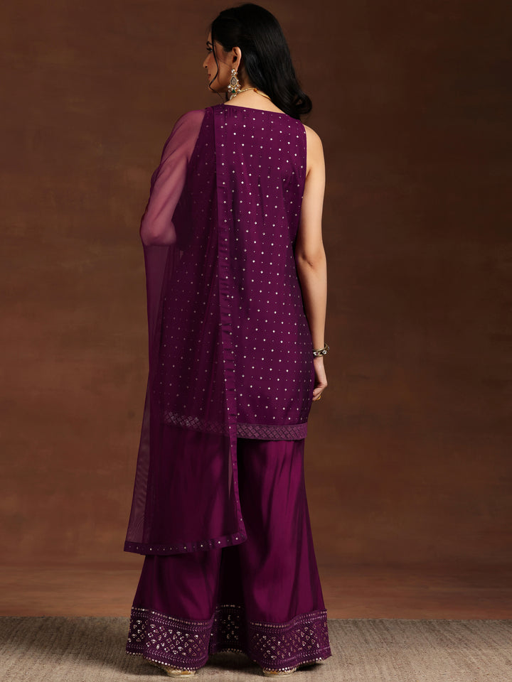 Wine Embroidered Silk Blend Straight Suit With Dupatta