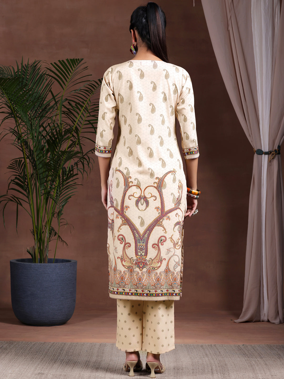 Beige Printed Poly Crepe Straight Kurta Set
