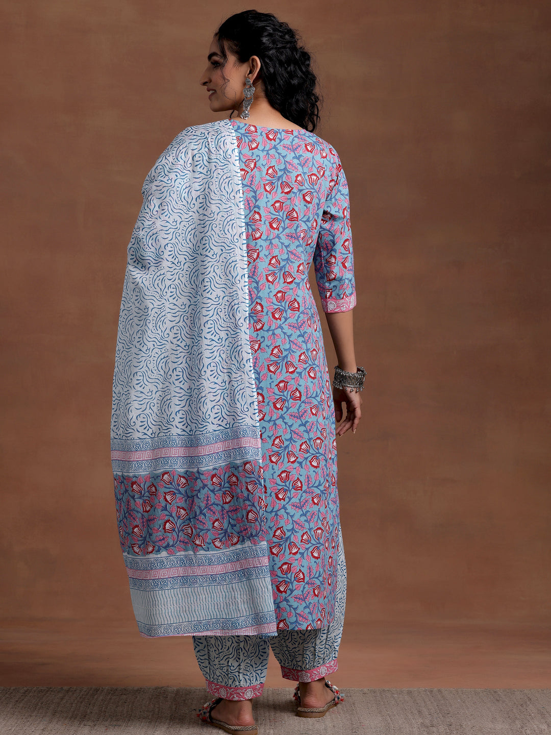 Blue Printed Cotton Straight Suit With Dupatta