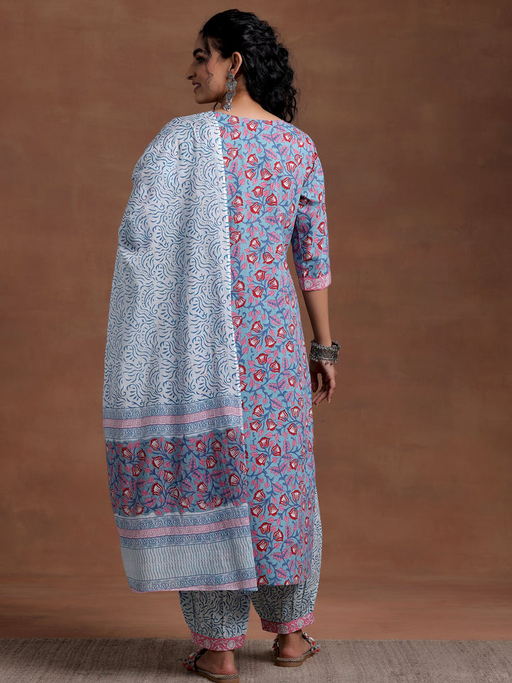 Blue Printed Cotton Straight Suit With Dupatta