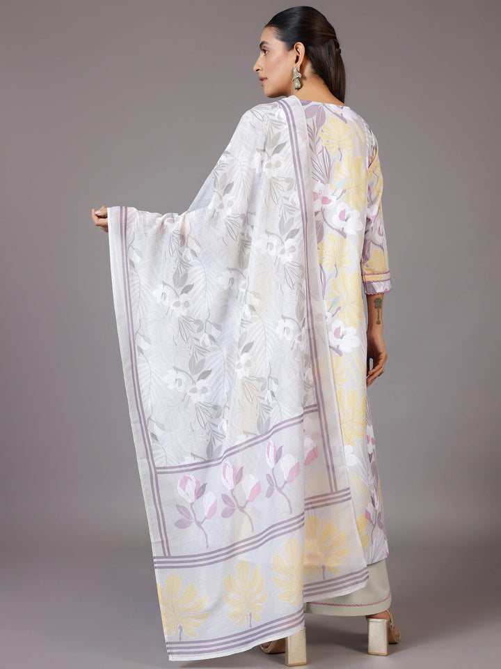 Grey Printed Cotton Blend A-Line Kurta With Palazzos & Dupatta
