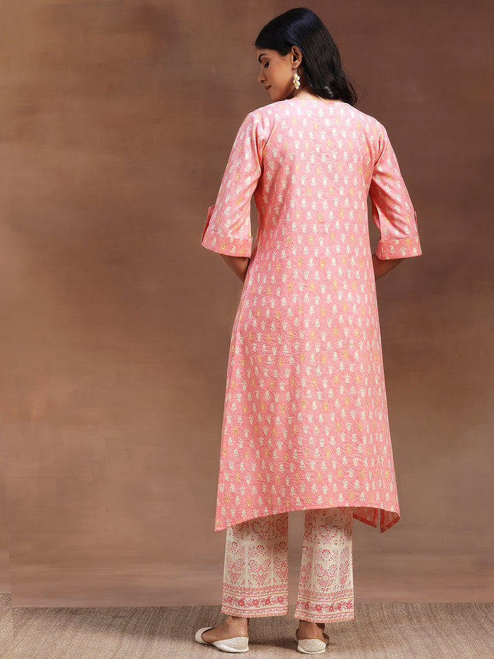 Peach Printed Cotton Blend Straight Kurta With Palazzos