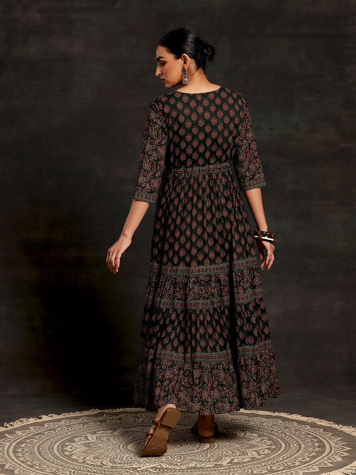 Green Printed Cotton A-Line Dress