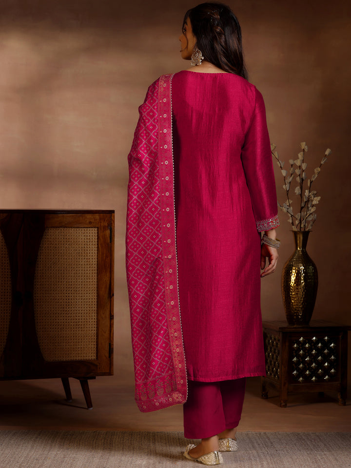 Red Embroidered Silk Blend Straight Suits With Dupatta