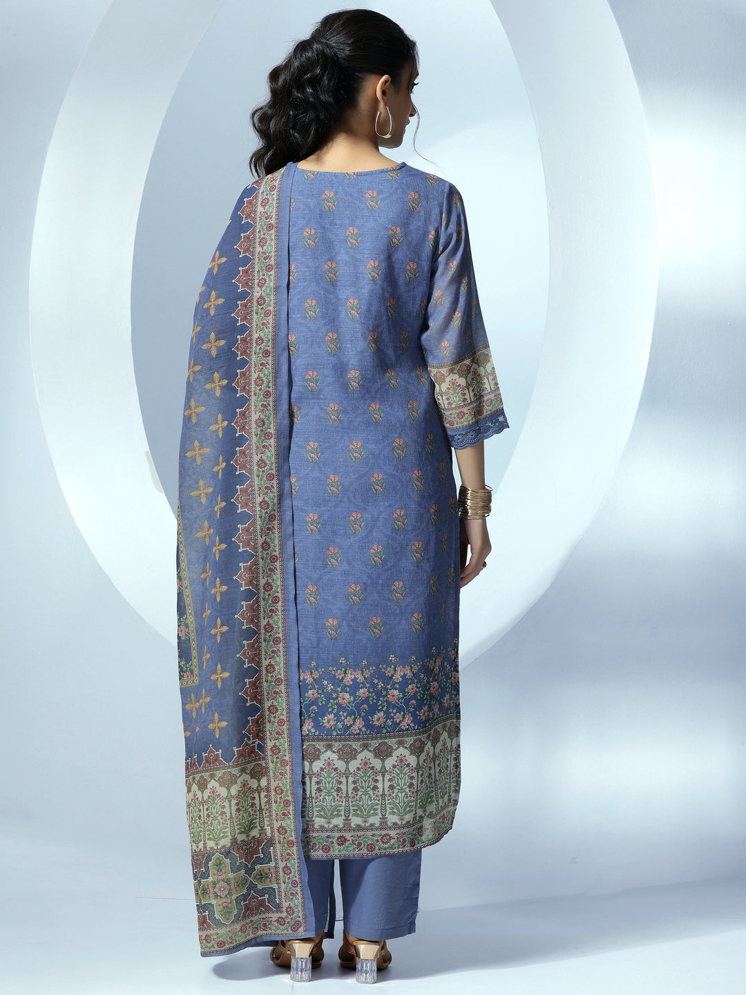 Blue Printed Cotton Blend Straight Suit With Dupatta