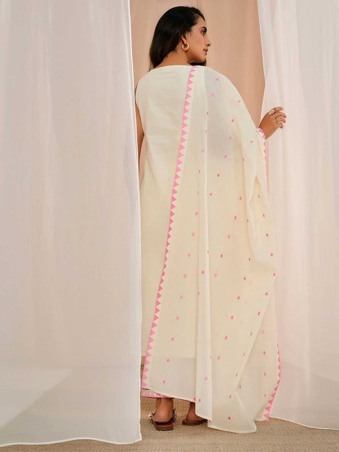 Off White Embroidered Cotton Straight Suit With Dupatta
