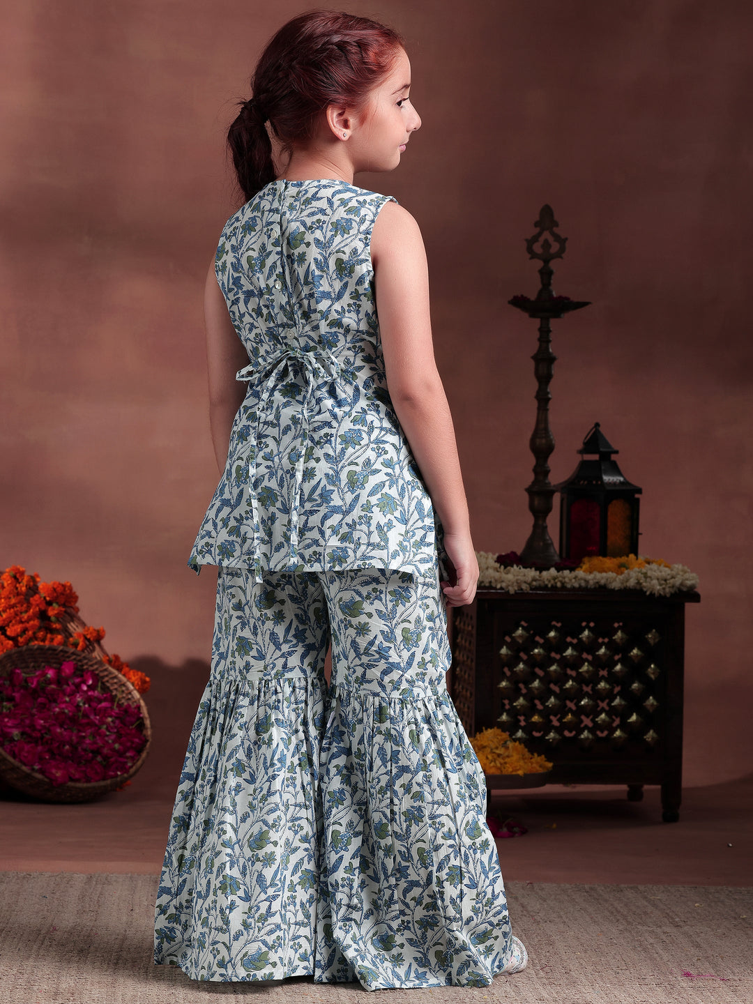 Kids White Printed Cotton Straight Kurta Set