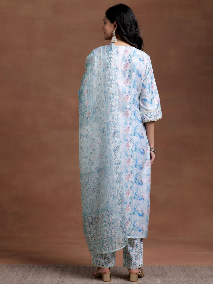Blue Embroidered Cotton Blend Straight Suit With Dupatta
