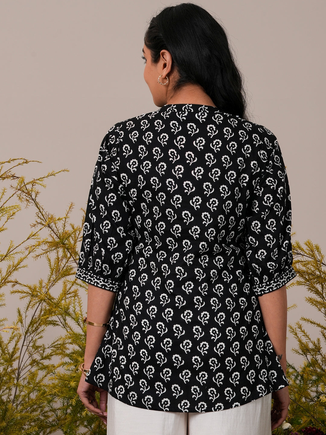 Black Printed Cotton Straight Short Kurti