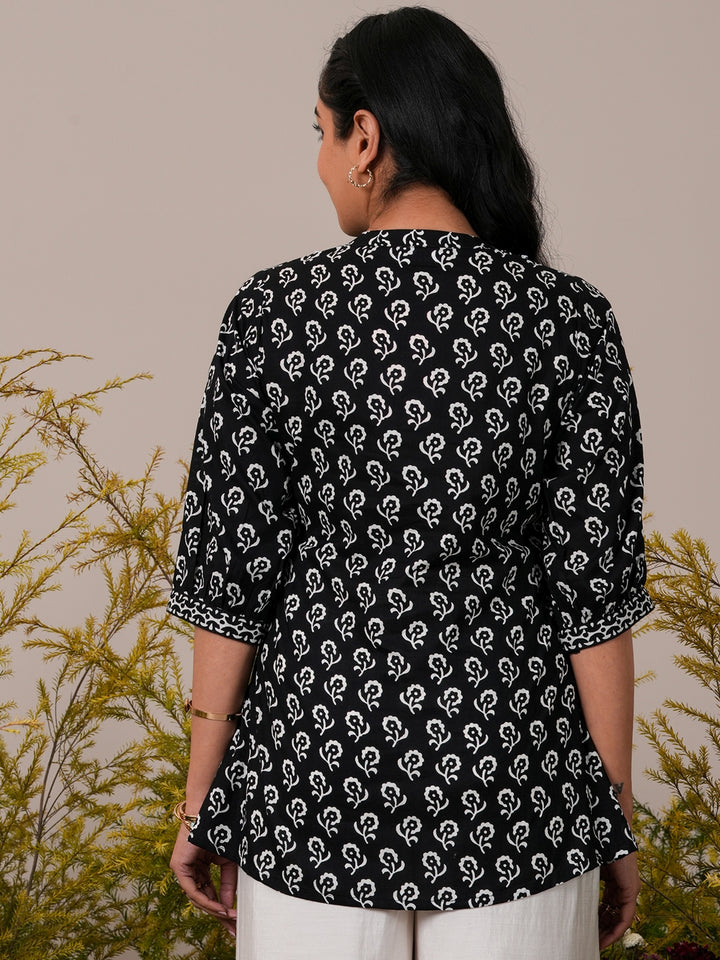 Black Printed Cotton Straight Short Kurti