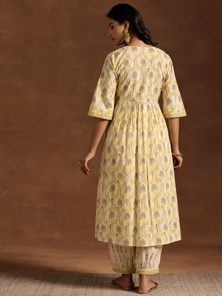 Yellow Printed Cotton A-Line Kurta With Salwar
