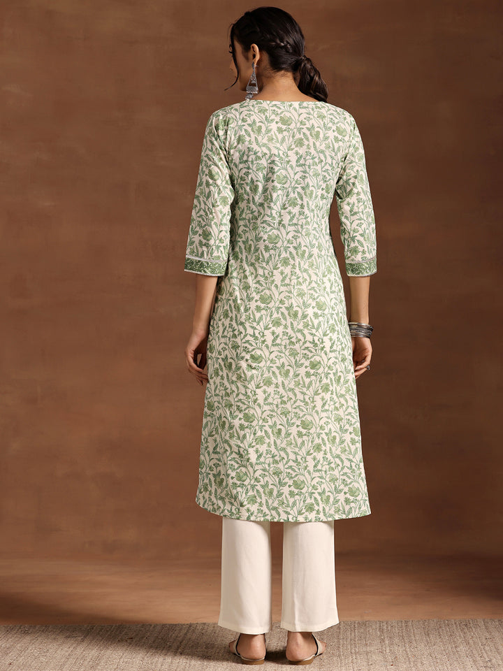 Green Printed Cotton Straight Kurta