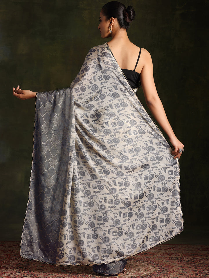 Beige Printed Silk Blend Saree With Unstitched Blouse Piece
