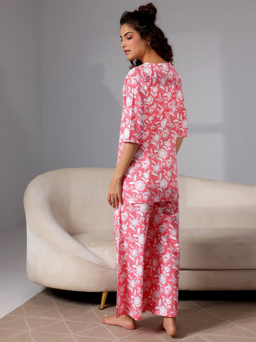 Peach Printed Cotton Night Suits
