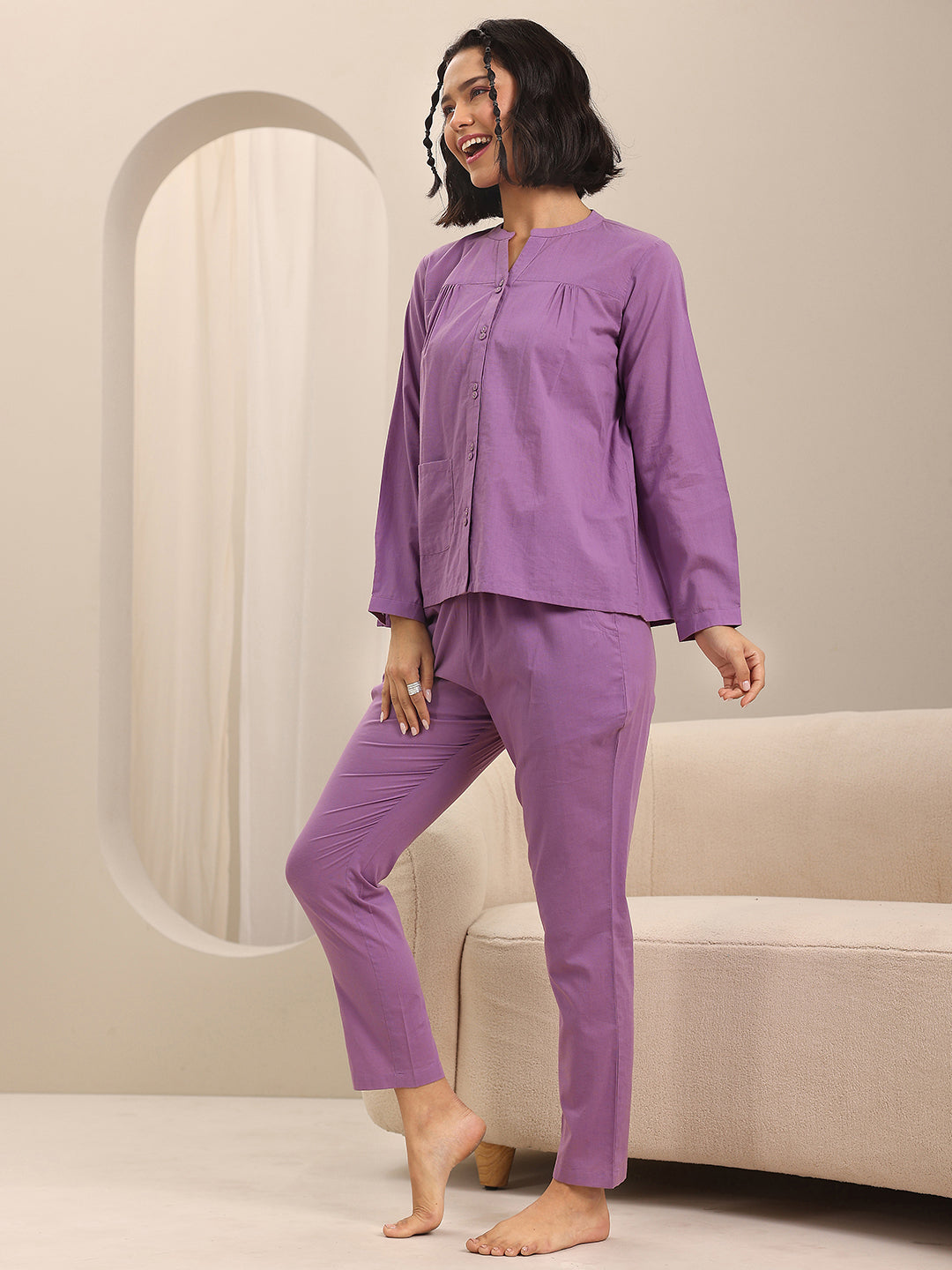 Purple Solid Cotton Night Suits
