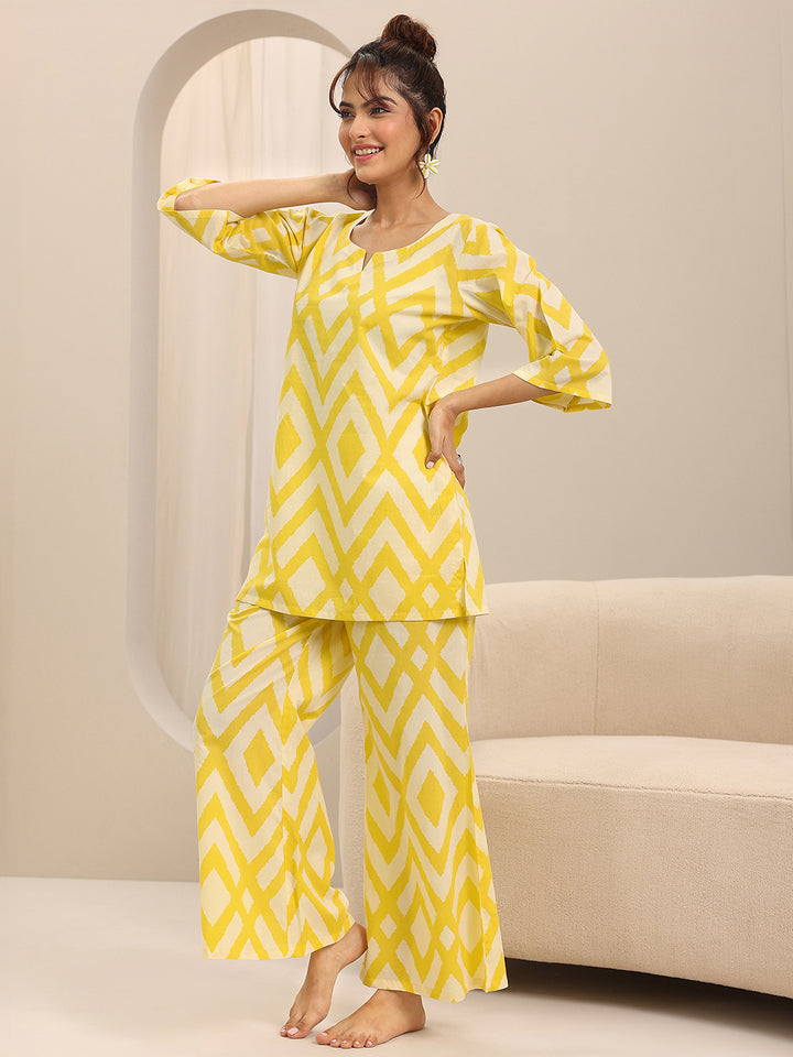Yellow Printed Cotton Night Suits