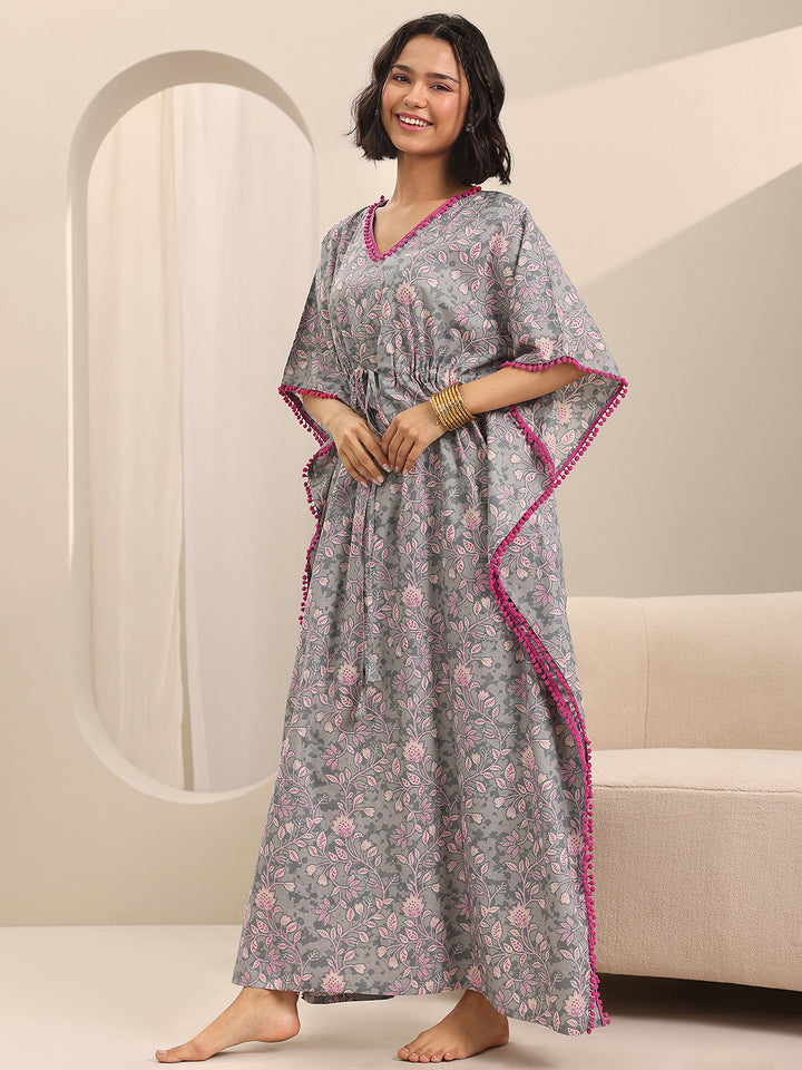Grey Printed Cotton Kaftan Night Dress