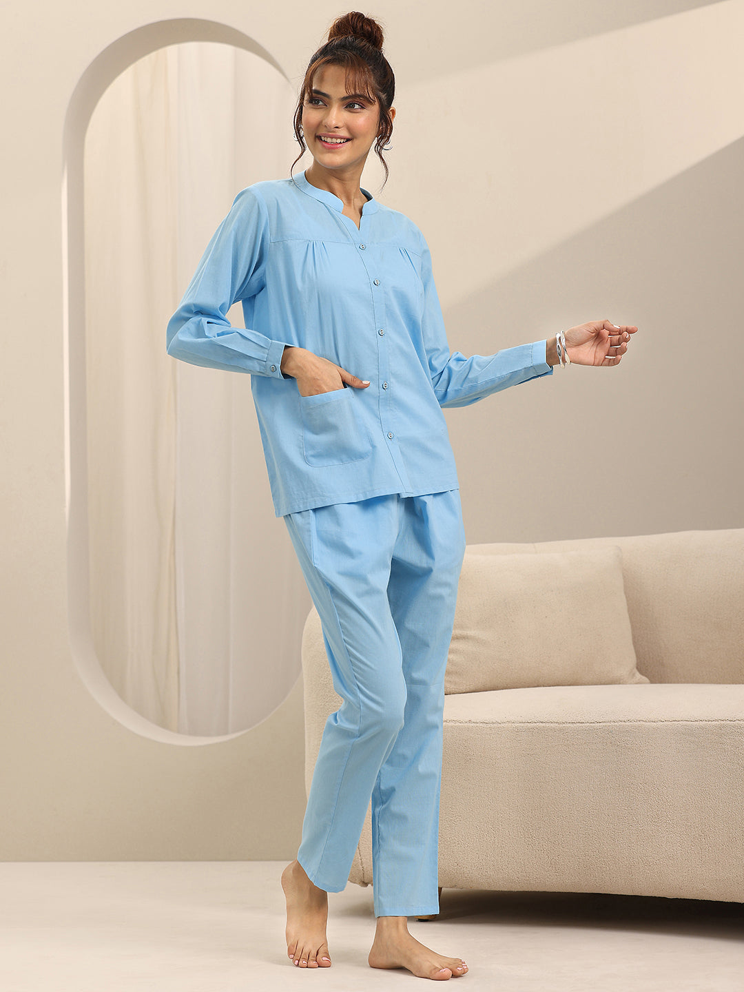 Blue Solid Cotton Night Suits