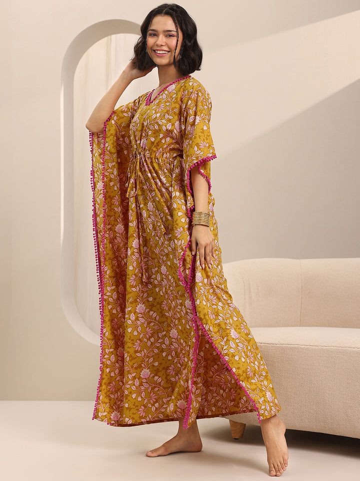 Mustard Printed Cotton Kaftan Night Dress