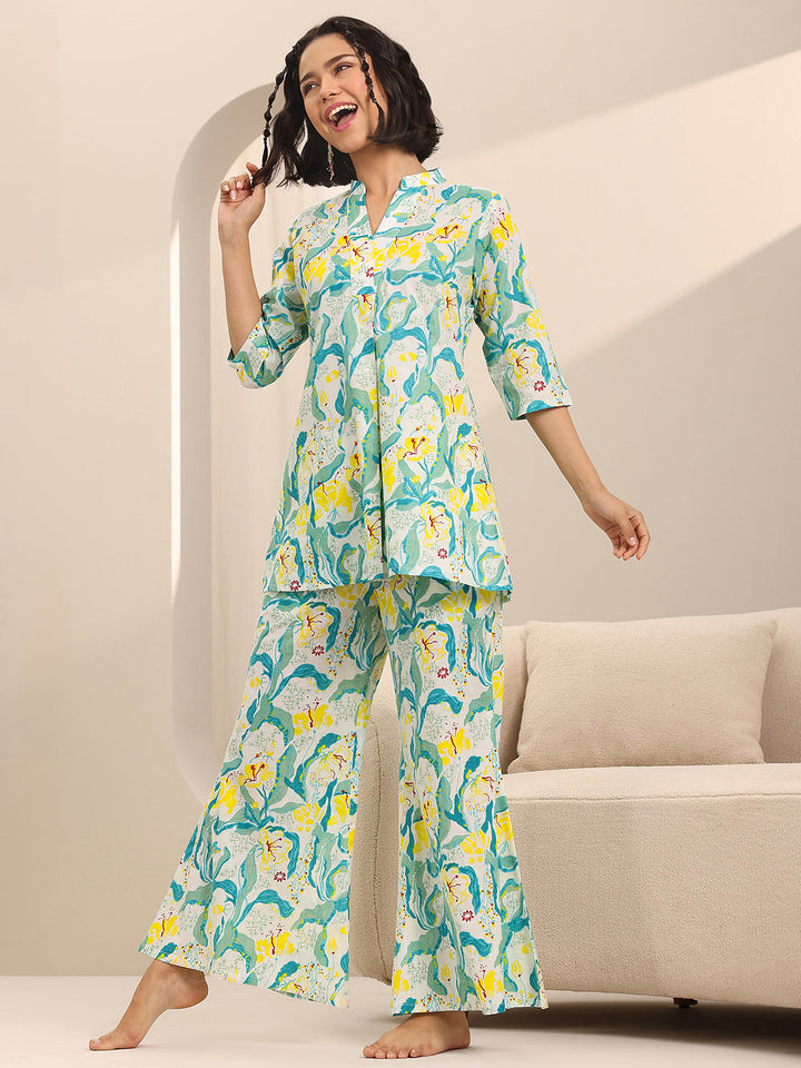 Off white Printed Cotton Night Suits