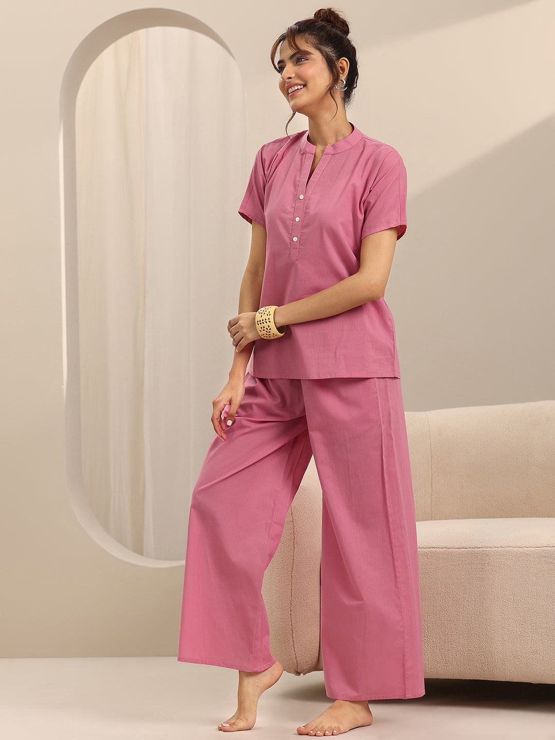 Pink Solid Cotton Night Suits