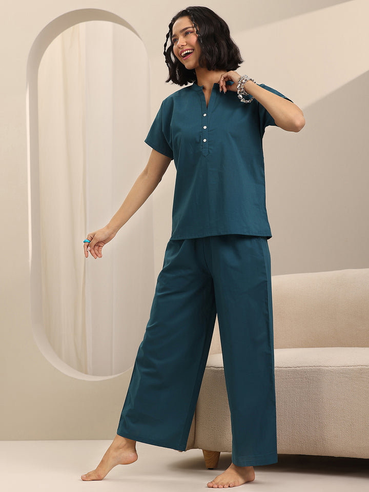 Teal Solid Cotton Night Suits
