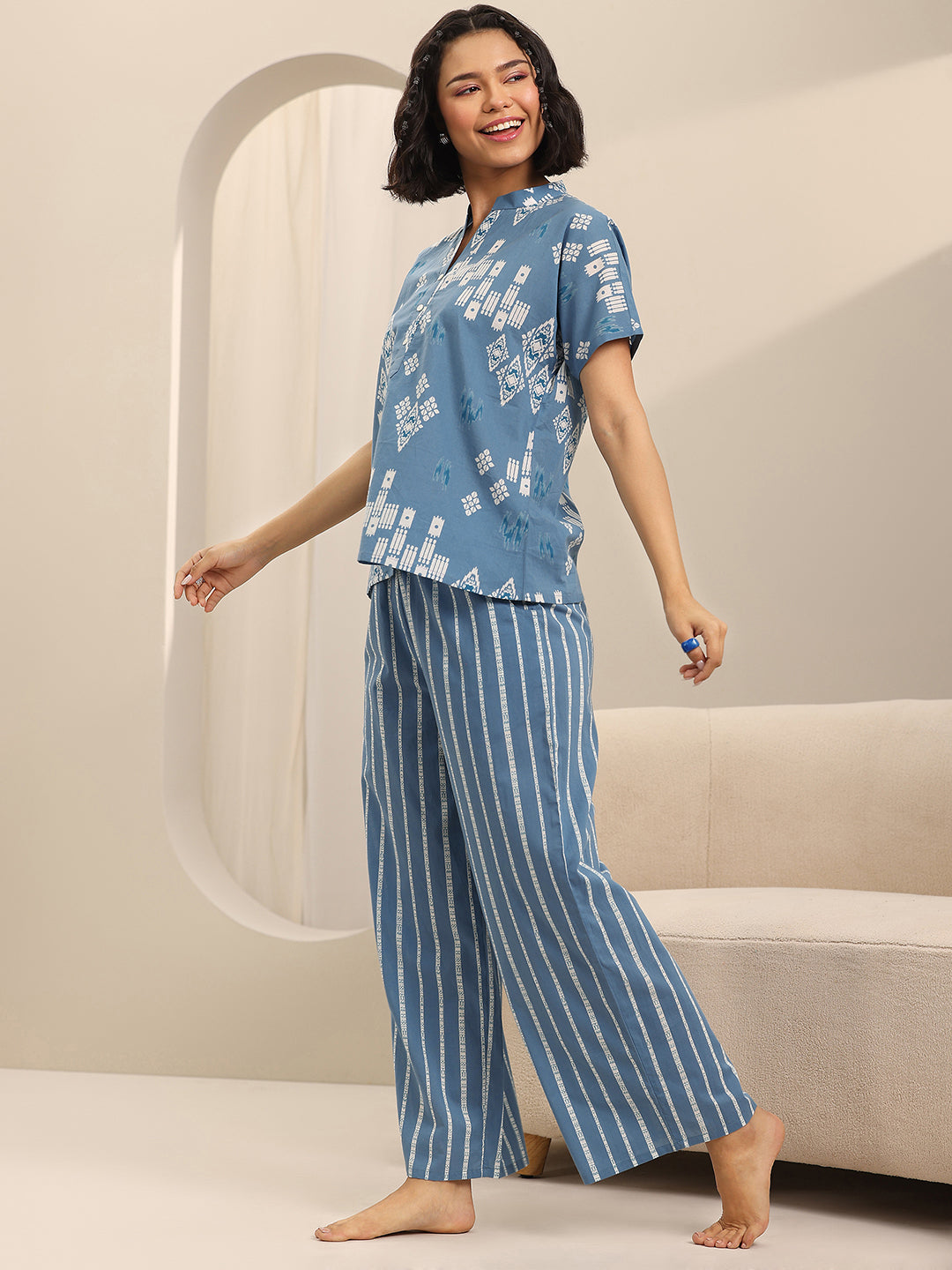 Blue Printed Cotton Night Suits