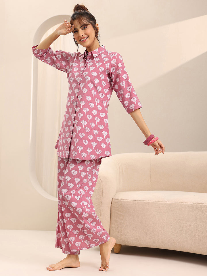 Pink Printed Cotton Night Suits