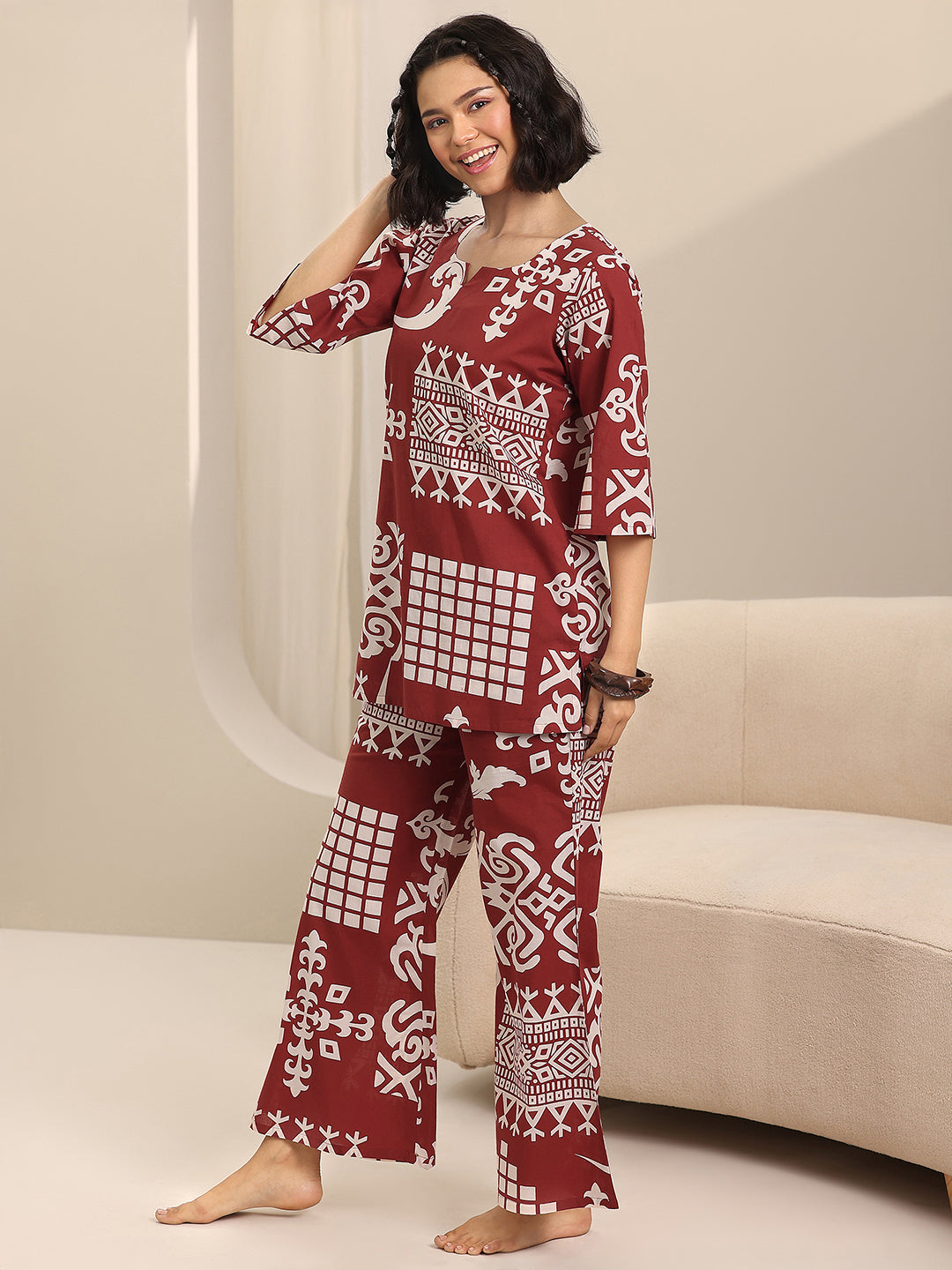 Rust Printed Cotton Night Suits