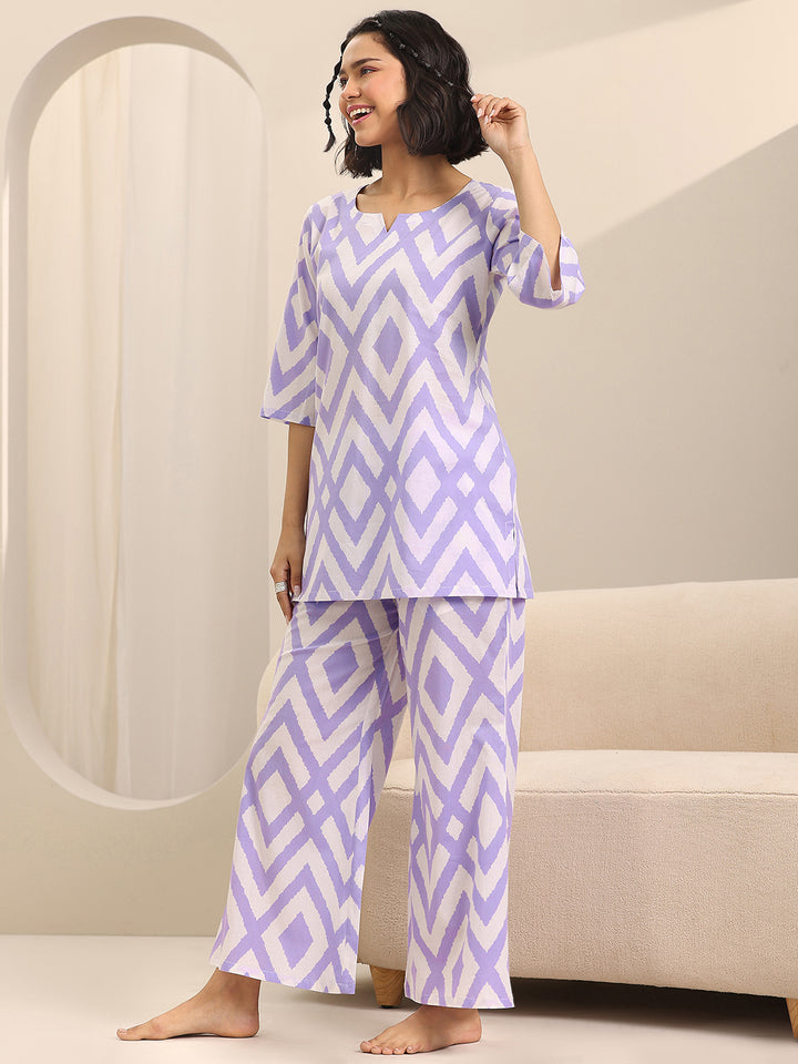 Lavender Printed Cotton Night Suits