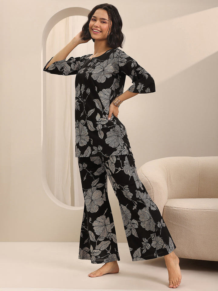 Black Printed Cotton Night Suits