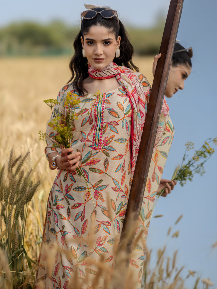 Off white Printed Silk Blend Straight Suit Set With Dupatta
