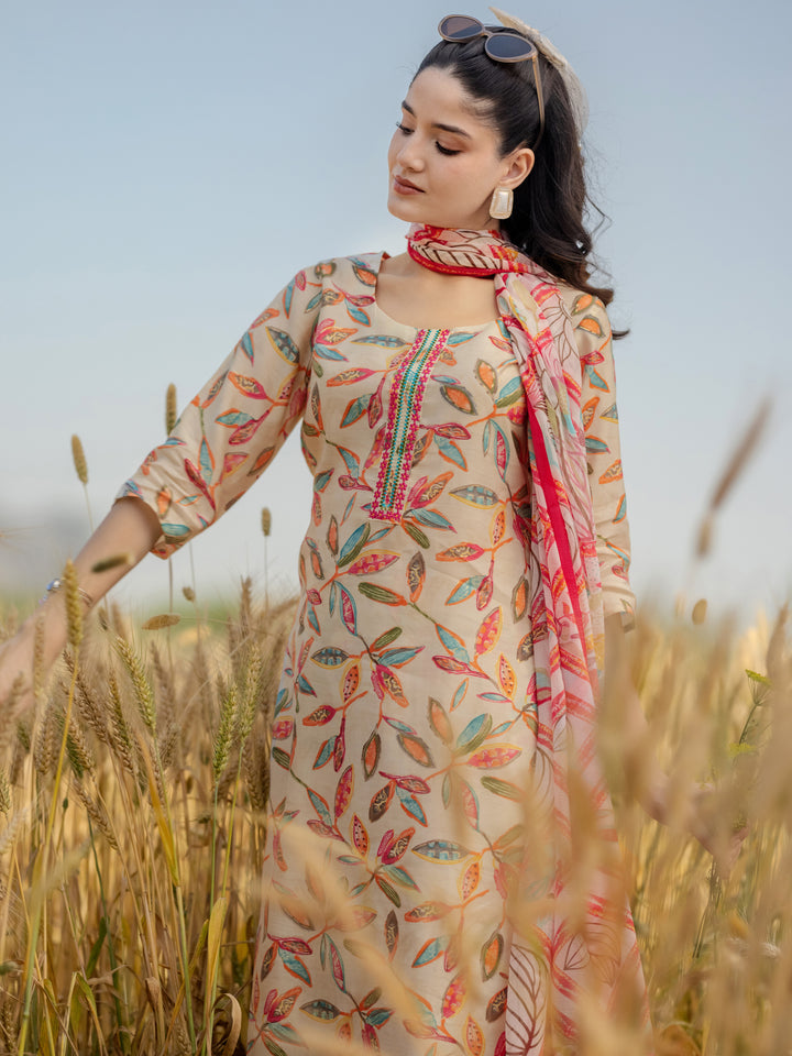 Off white Printed Silk Blend Straight Suit Set With Dupatta